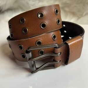 Double Grommet Wide Belt Genuine Leather Tan Brown Sz L